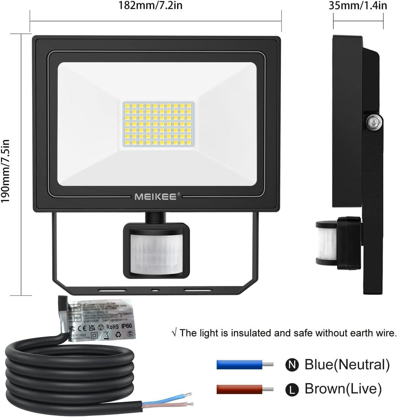 MEIKEE 60W LED Strahler mit Bewegungsmelder 5200LM 6500K Kaltweiss LED Fluter IP66 Wasserdicht Ausse