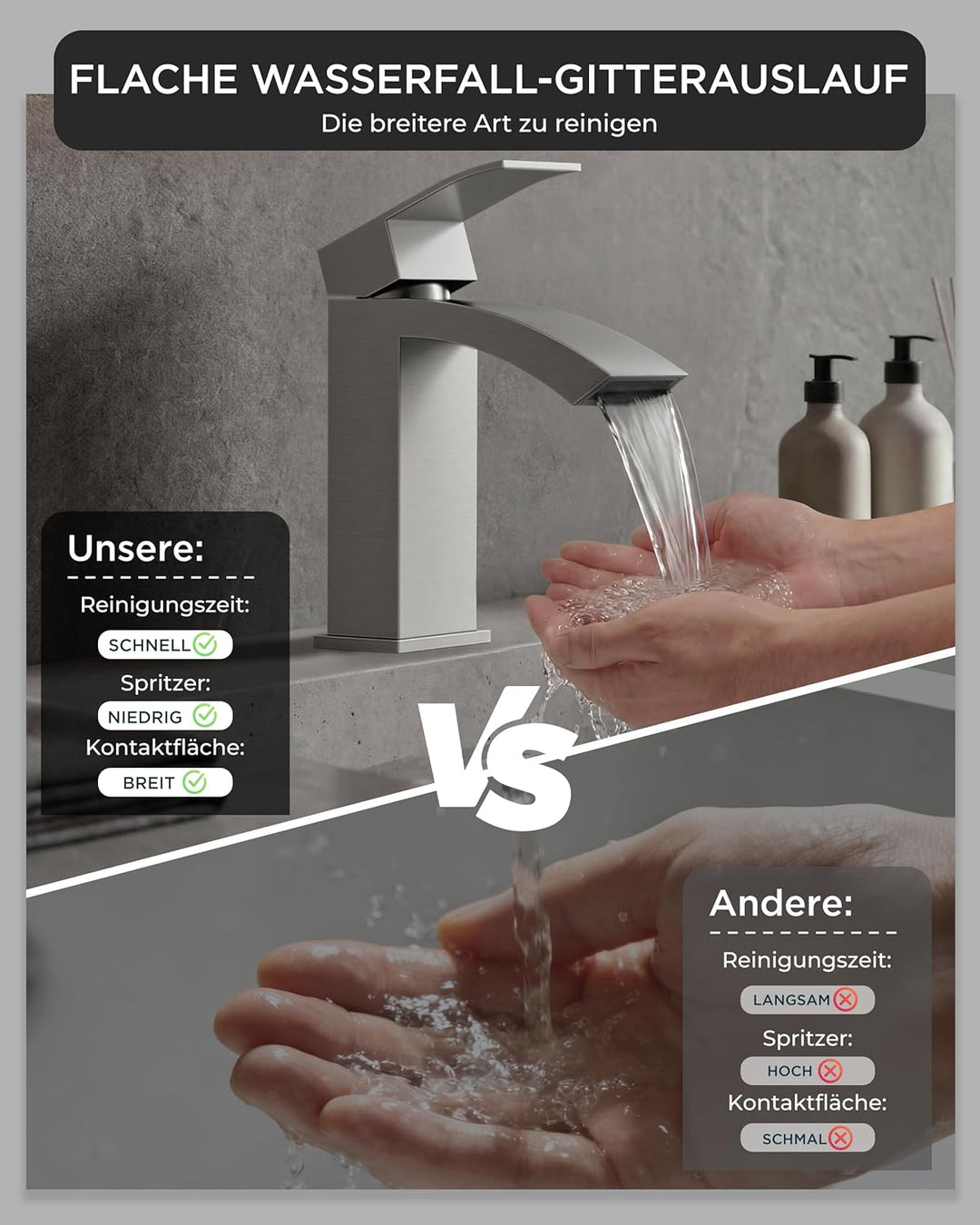 FORIOUS Wasserhahn Bad, Wasserfall Waschtischarmatur mit Auslauf Höhe 100 mm, Mischbatterie Armatur