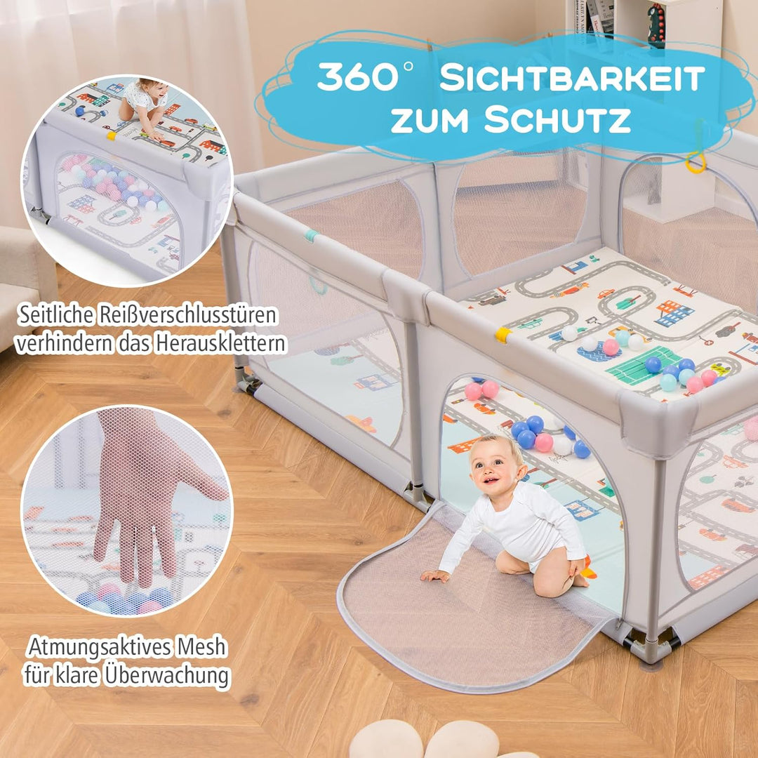 DREAMADE Laufstall Baby, 189 x 158 cm Laufgitter mit Matratze & 4 Zugringen & 50 Ocean Bällen & Trag