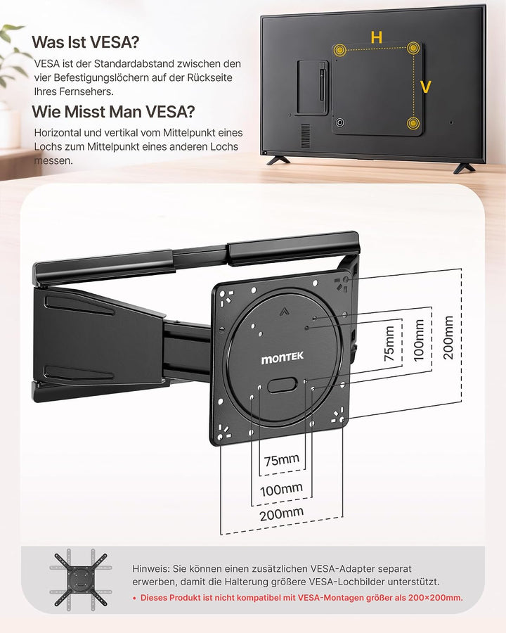 monTEK Ultra Slim TV Wandhalterung 23-43 Zoll bis 45kg, Max VESA 200x200mm | 1.1" Dünne, Ausziehbar,