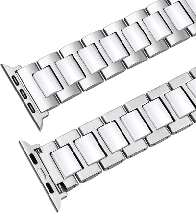 YISIWERA 49mm 45mm 44mm 42mm Armband Kompatibel für Apple Watch Weiss Keramik Silber Metall Armband