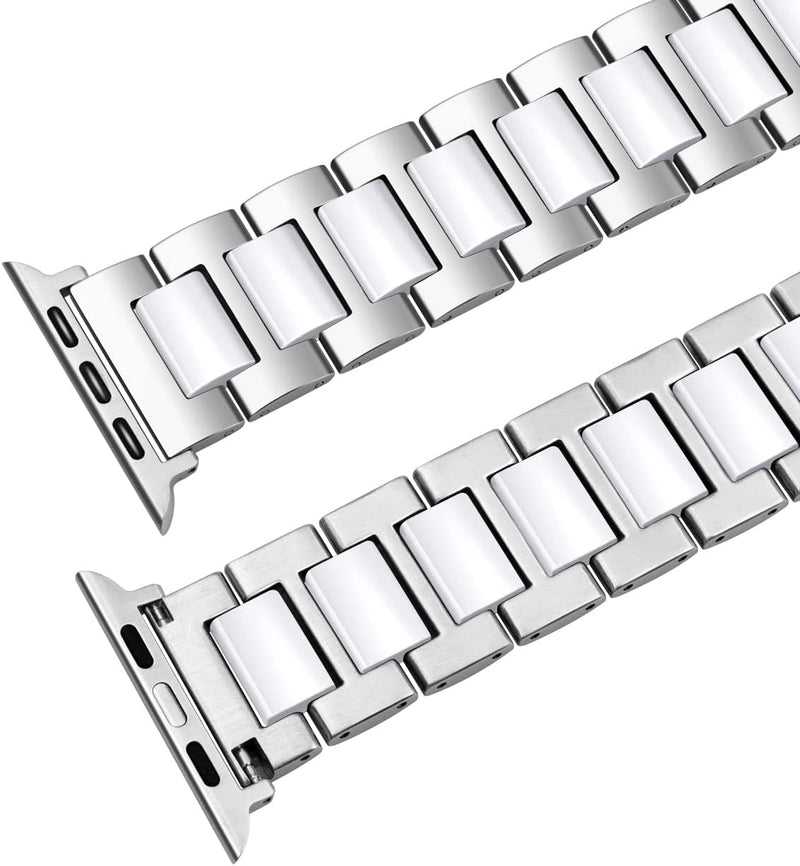 YISIWERA 49mm 45mm 44mm 42mm Armband Kompatibel für Apple Watch Weiss Keramik Silber Metall Armband