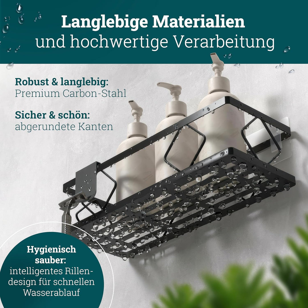 husman® Duschablage-Set ohne Bohren | Matt-Schwarz | 10-teilig mit Ablaufrillen | Kleben statt Bohre