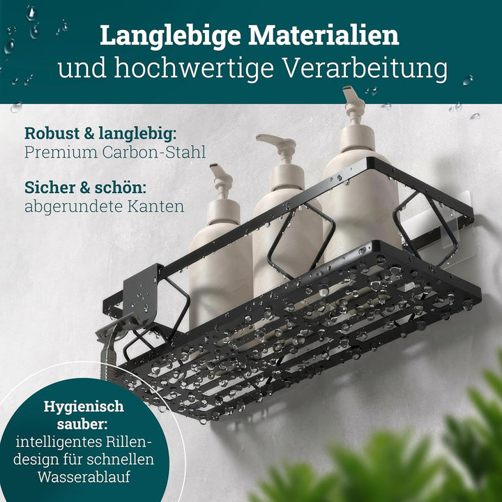 husman® Duschablage-Set ohne Bohren | Matt-Schwarz | 10-teilig mit Ablaufrillen | Kleben statt Bohre