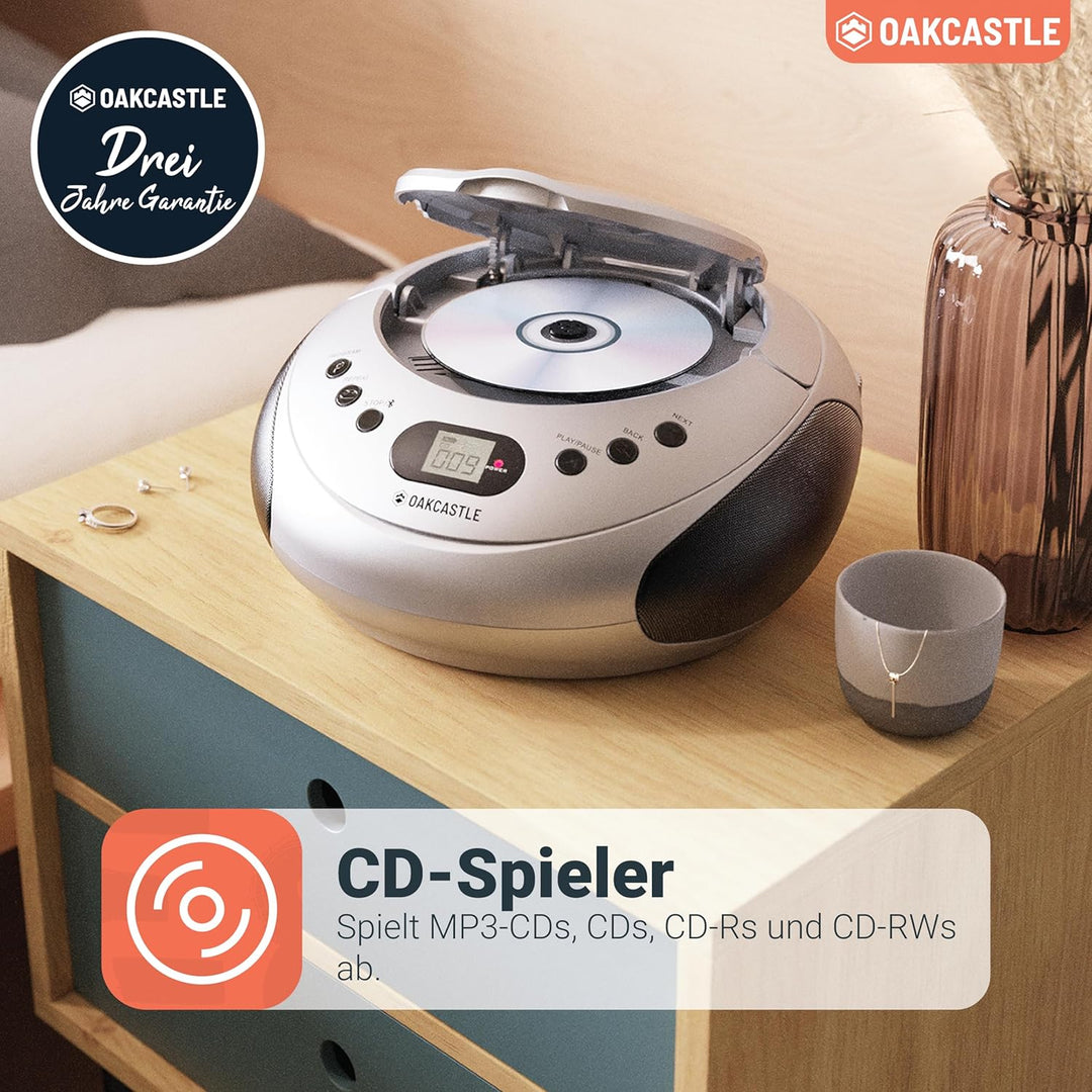 OAKCASTLE CD250 Tragbar Bluetooth Boombox | Einfache Kontrollen CD Player fur Kinder | Tragbare CD S