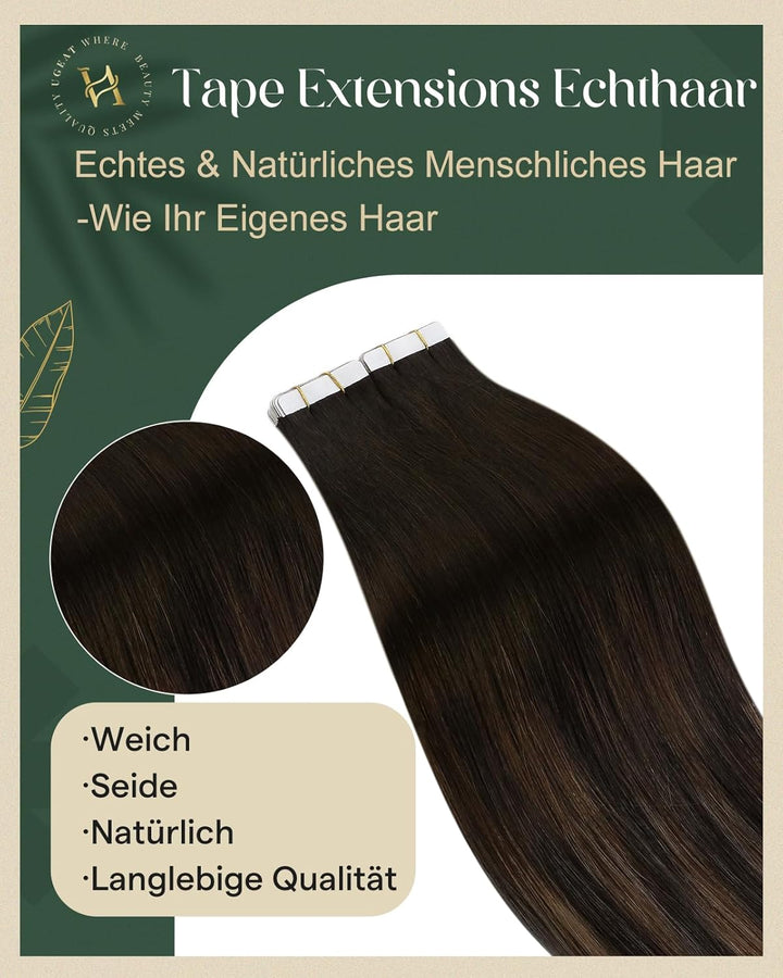 Ugeat Echthaar Extensions Tape Braun Balayage Echthaar Tape in Extensions Dunkelbraun Balayage Remy