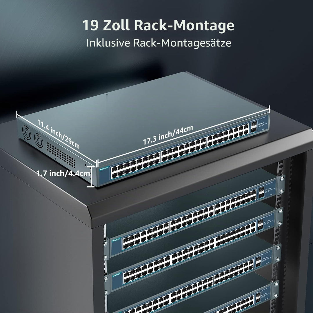 YuanLey 48 Port Gigabit PoE Switch Unmanaged mit 2 1000Mbps SFP Uplink, 50 Port 802.3af/at 800W High