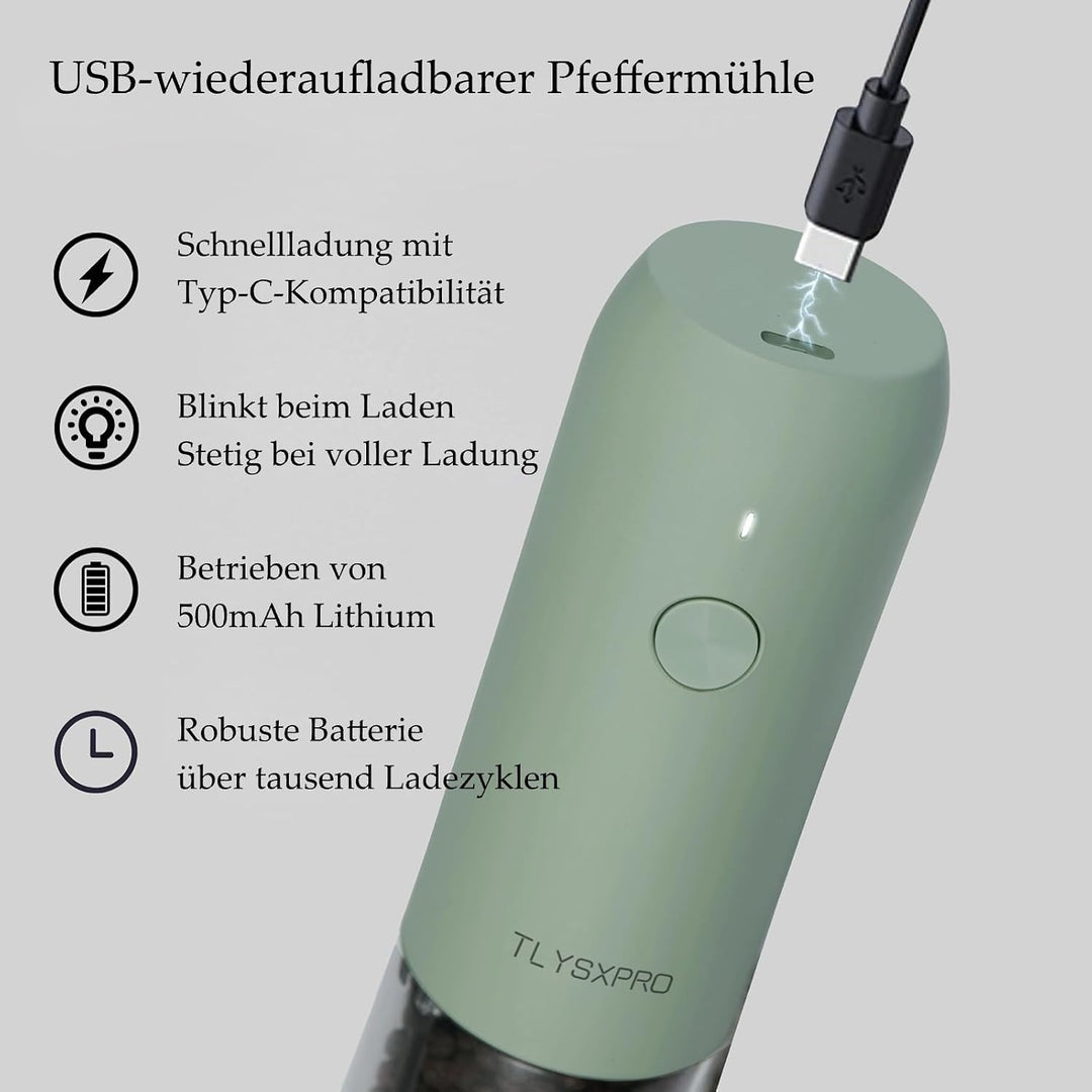 TLYSXPRO Salz und Pfeffermühle Elektrisch 2er Set, USB Wiederaufladbar, Einstellbarer Grobheit Gewür