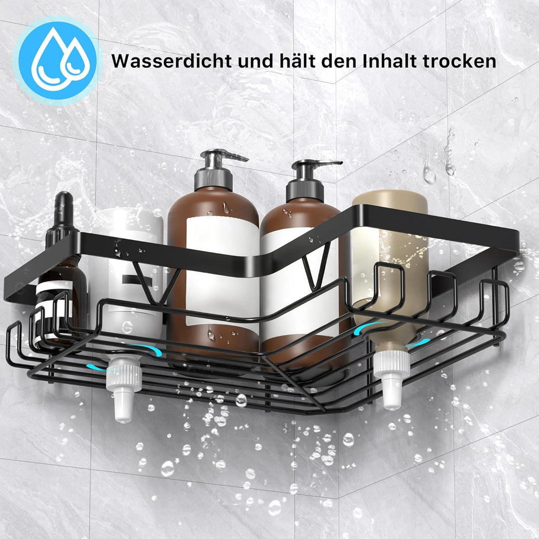 Kegii Duschablage Ecke Schwarz - 4 Stück Edelstahl Duschablage Ohne Bohren mit Seifenschale & Zahnbü