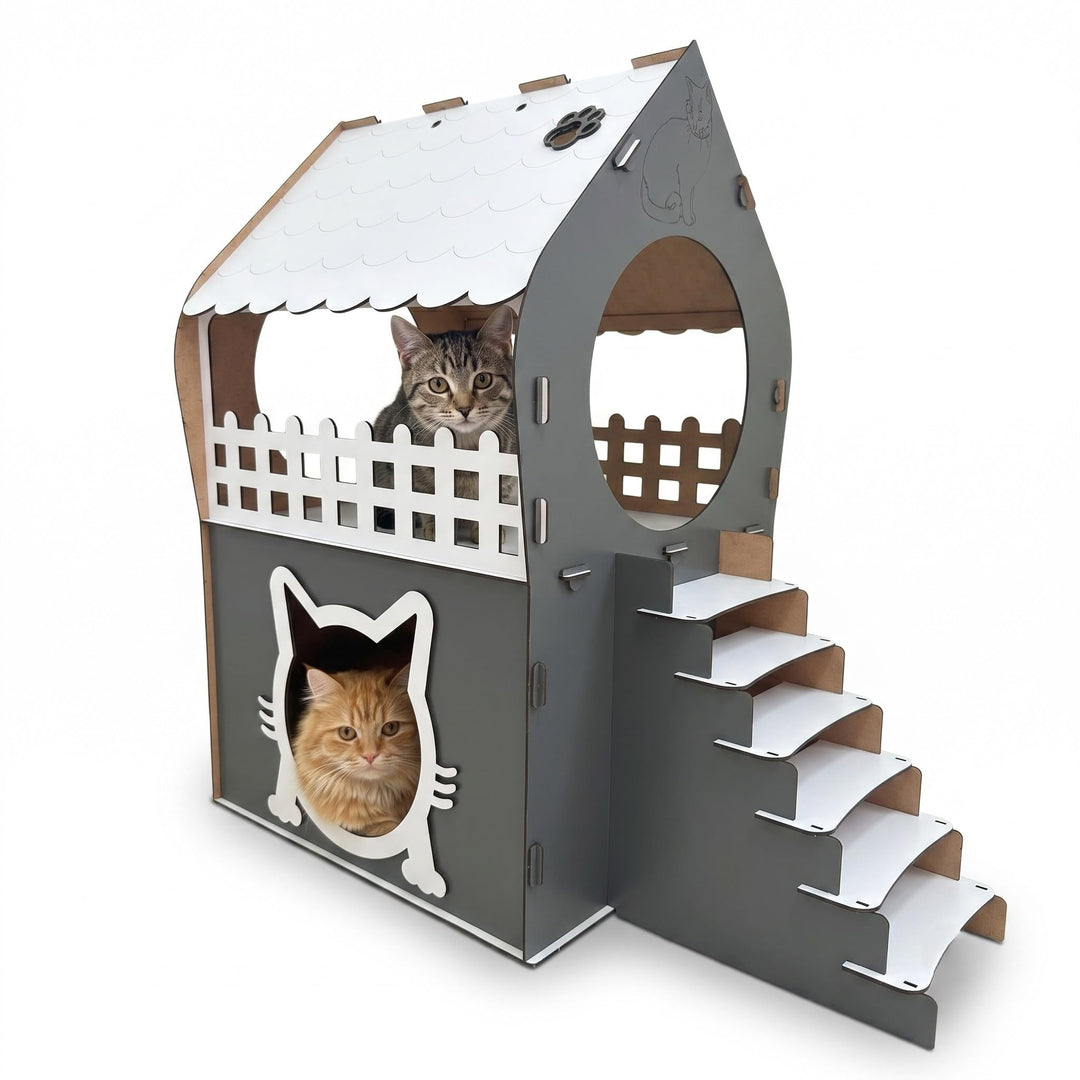 Zweistöckiges MDF Katzenhaus – Braun &amp; Dunkelbraun – Werkzeugloser Aufbau – Grössen XL, XXL, 3XL (An