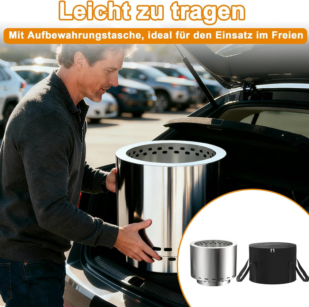 49cm Feuerschale Edelstahl Outdoor, Rauchfreie Feuerstelle für den Garten, Tragbarer Feuerkorb und F