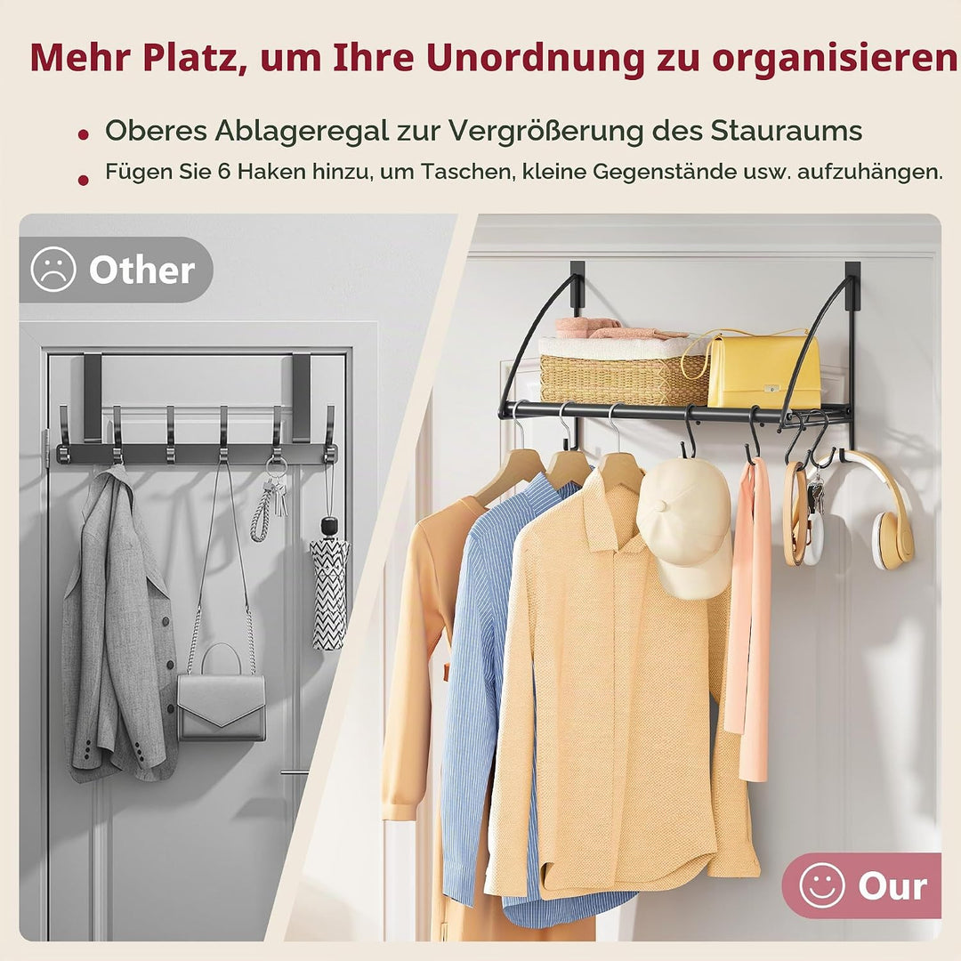 Tajsoon Kleiderstange Tür mit Aufbewahrungsregal und 6 Haken, Türkleiderständer zum Aufhängen von Ha