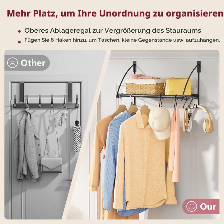 Tajsoon Kleiderstange Tür mit Aufbewahrungsregal und 6 Haken, Türkleiderständer zum Aufhängen von Ha
