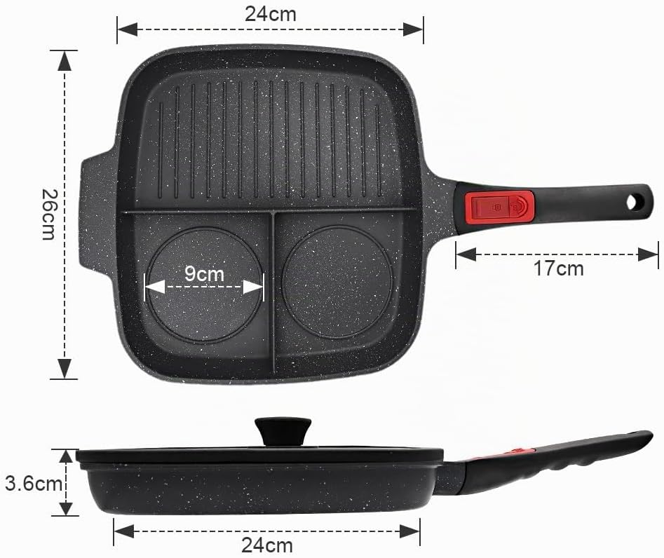 Multi Grillpfanne mit Deckel und Abnehmbarer Griff, Steakpfanne Induktion 3 in 1 - Schwarz, Schwarz