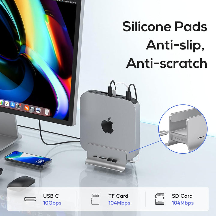PULWTOP Mac Mini Hub,5-in-1 USB C Hub Adapter,Mac Mini-Ständer,Unterstützt M.2 NVMe SSD-Erweiterung,