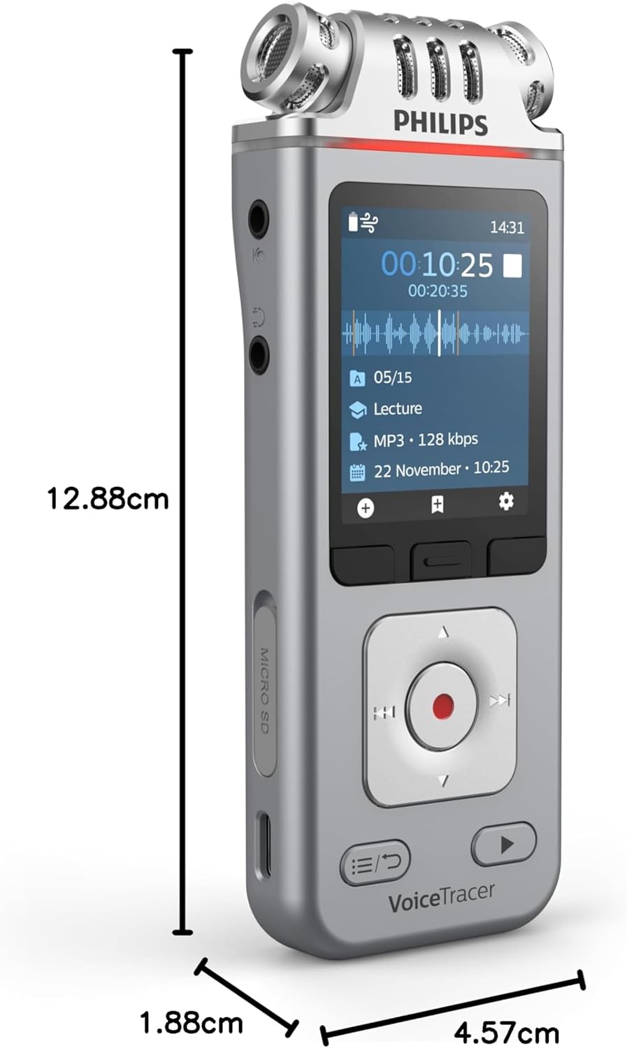 Philips DVT4115 VoiceTracer, Audio Recorder, MP3/PCM, 3 HiFi-Mikrofone, exzellente Fernaufnahme, Ink