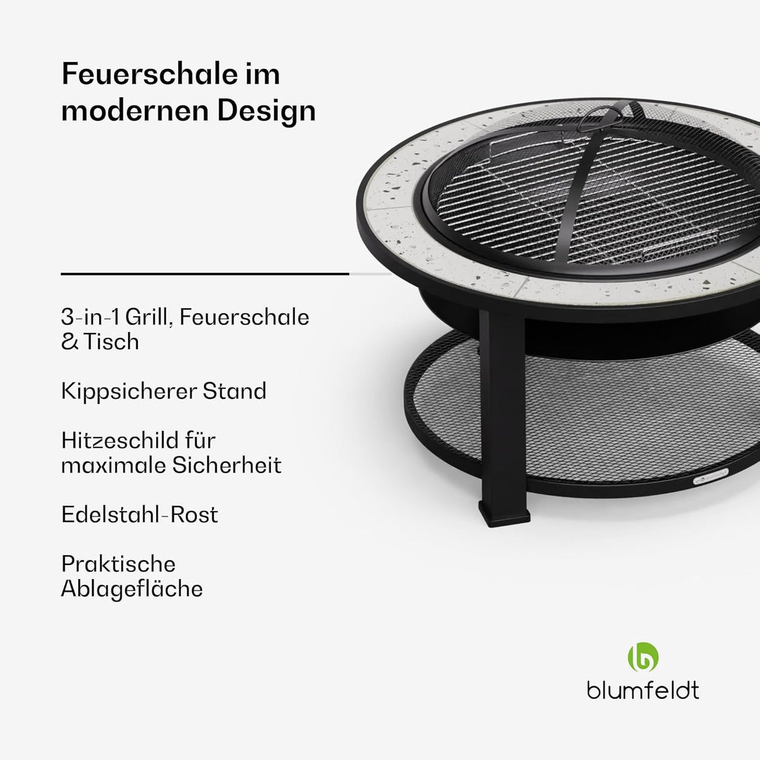 Blumfeldt Merano Circolo Feuerschale - 3-in-1 Feuerschale Mit Grillrost & Tisch, Robuster Stahlrahme