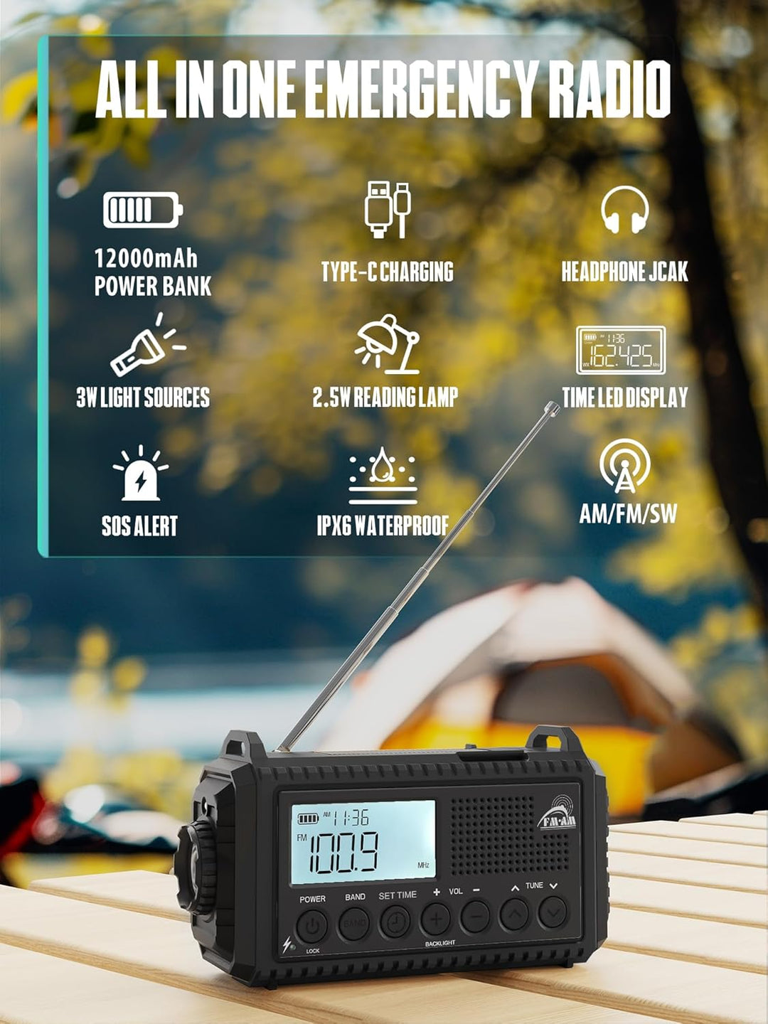 Kurbelradio mit Solar & 12000mAh Powerbank | AM/FM/SW Notfallradio, USB-C Handyladung, SOS-Alarm, Ta