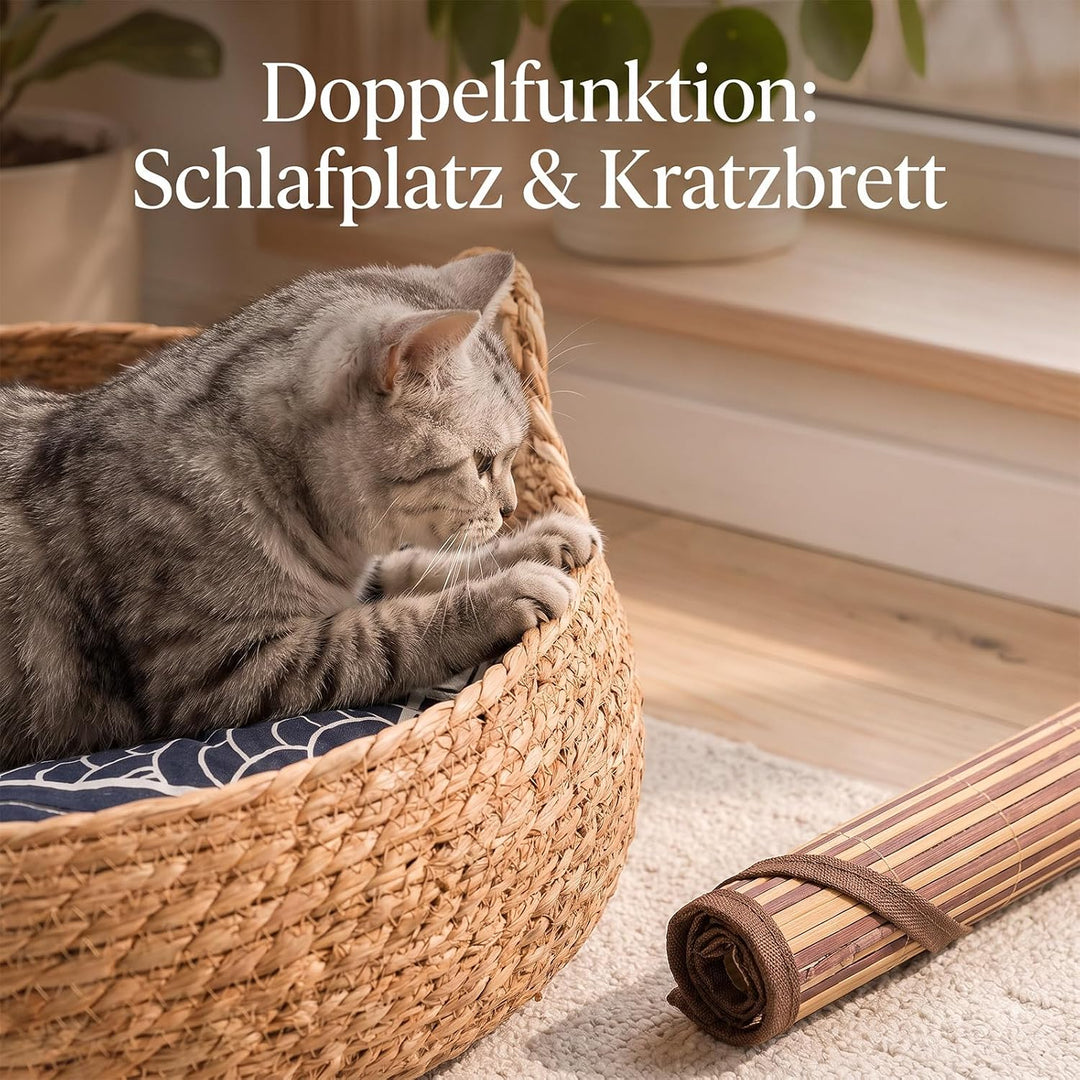 Katzenkorb Geflochten, Ø42cm Katzenbett mit Wendbarem Kissen &amp; Kühlmatte, Waschbares Haustierbett fü