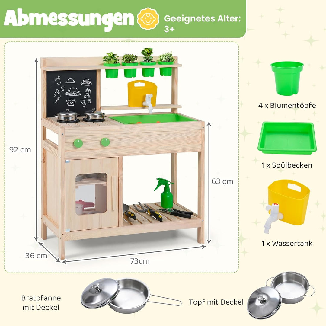 COSTWAY Matschküche Kinder, Outdoor Spielküche inkl. Zubehör mit Kreidetafel, Herd, Wasserhahn, Spül