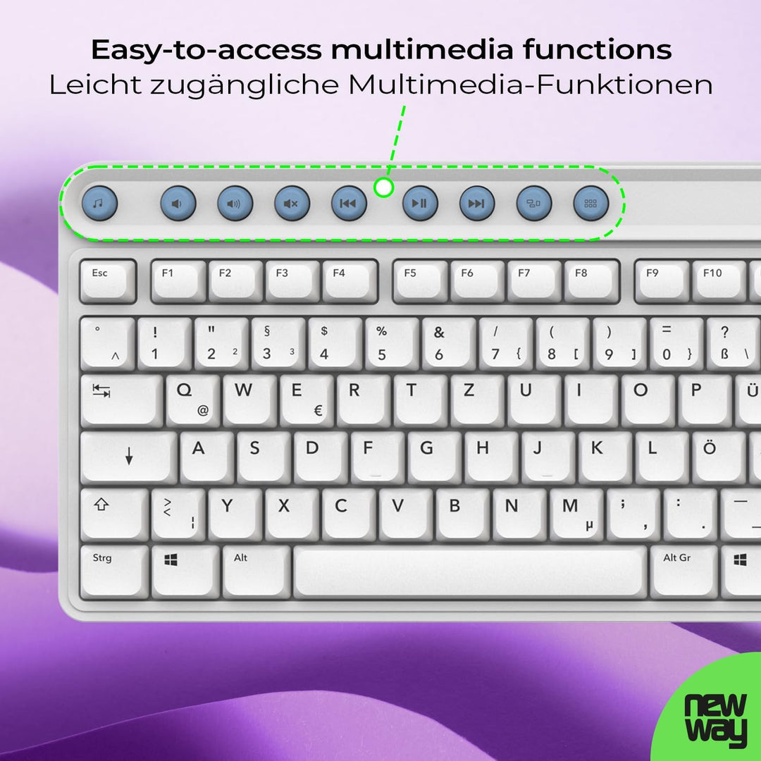NEWWAY NKMP252 – Kabellose Tastatur Maus Set 2,4 GHz – QWERTZ Deutsch – Leise Tasten, 14 Multimedia-