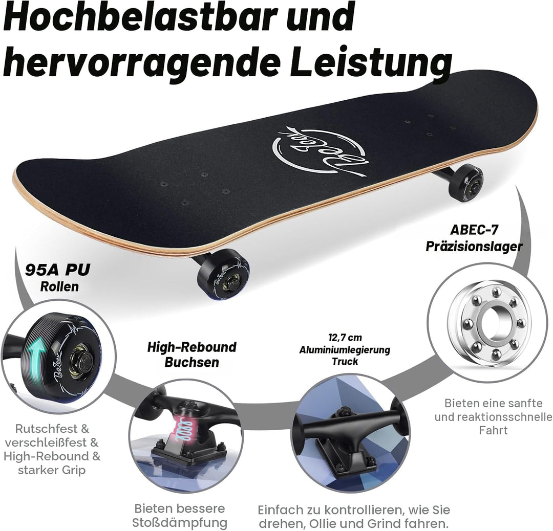 BELEEV Skateboard 31x8 Zoll Komplette Cruiser Skateboard für Kinder Jugendliche Erwachsene, 7-Lagige