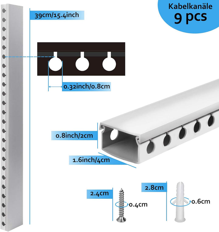 Kabelkanal Selbstklebend, Alritz 9 Stück PVC Kabelabdeckung Kabelmanagement Schreibtisch und TV Kabe