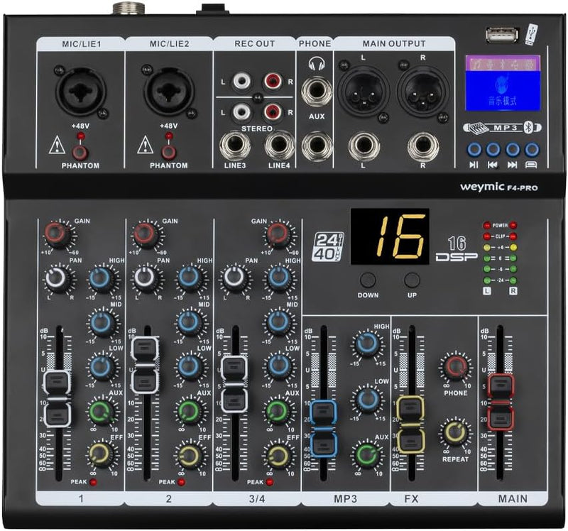 Weymic F4-Pro Professioneller Mixer | 4-Kanal 2-Bus Mischpult/w USB-Audio-Schnittstelle für Aufnahme