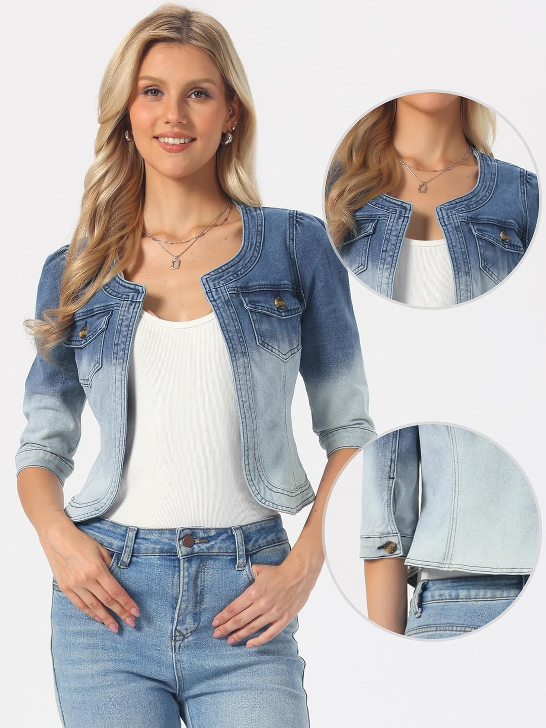 Allegra K Damen Jeansjacke 3/4 Ärmel Open Front Kragenlos Jacke mit Taschen S Blau Weiss, S Blau Wei