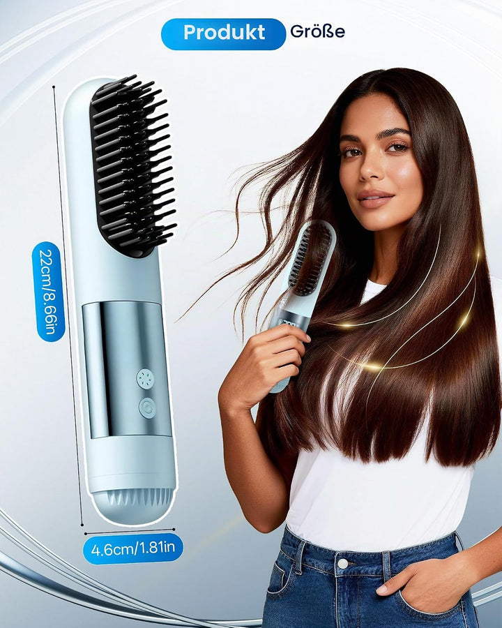 Kabellose Glättbürste für kurze Haare, Elektrische Haarglätter Bürste mit 3 Temperaturstufen 160-200