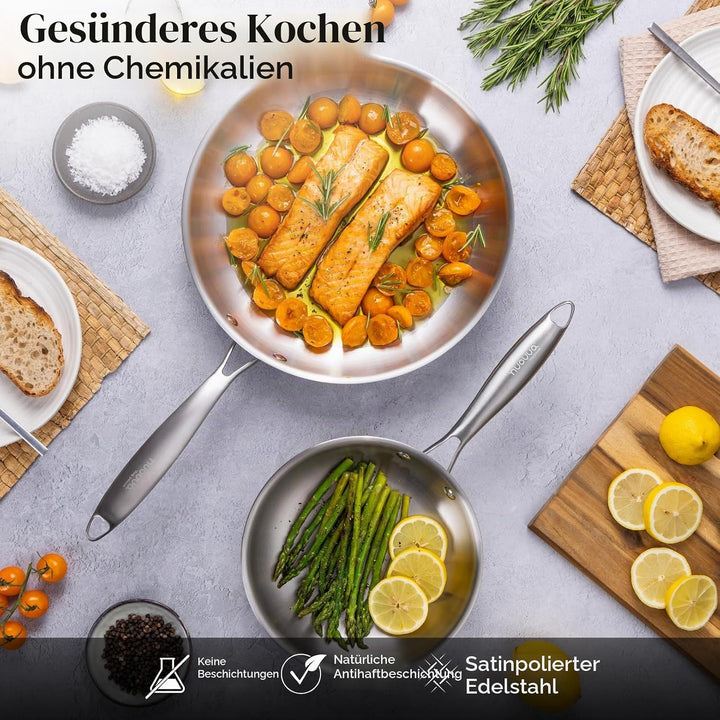 nuovva Edelstahl-Bratpfannen-Set, 2-teilig, Induktionsherd, natürlich, antihaftbeschichtet, dreilagi