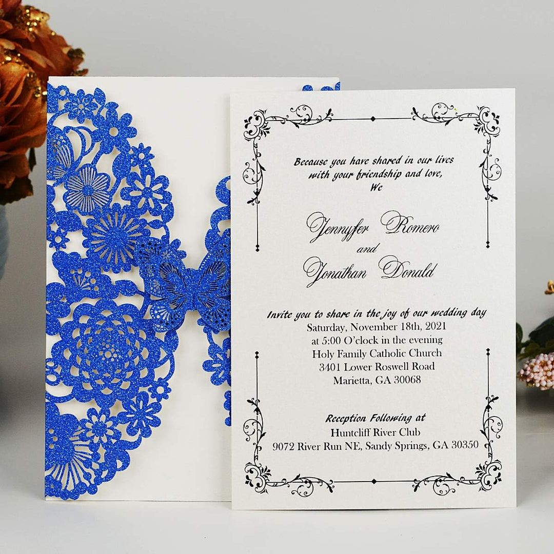 Hosmsua 20x Blau Glitzer Laserschnitt Spitze Flora Hochzeit Einladungskarten mit Schmetterling und U