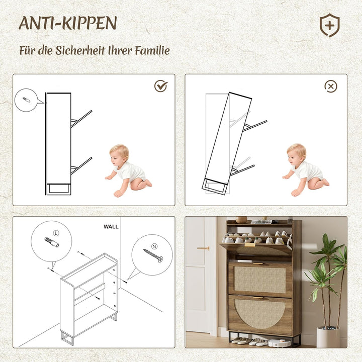 Rattan Schuhschrank Schmal, Schuhregal mit 3 Klappen, Schuhkipper mit Verstellbar, Schuhaufbewahrung