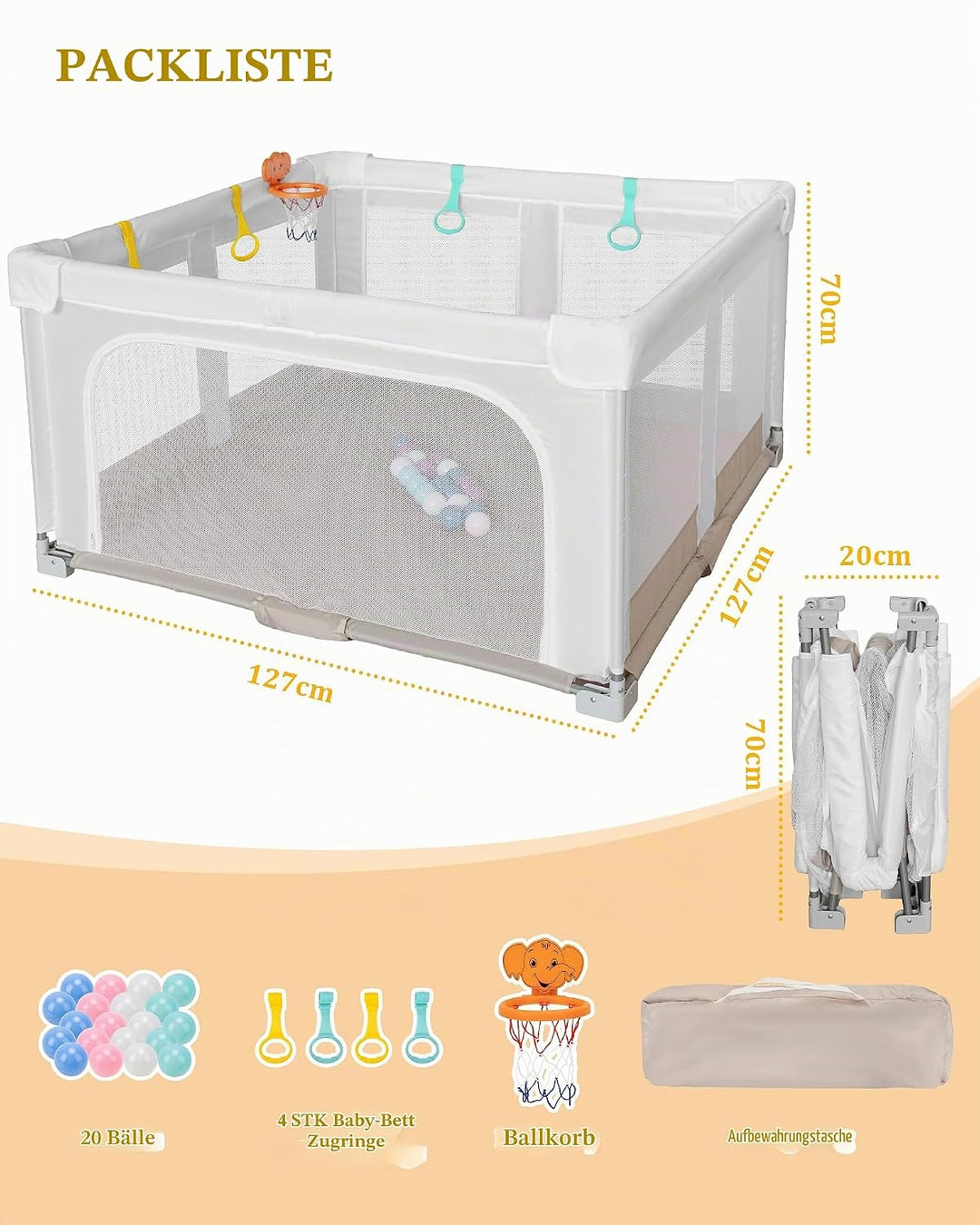 Grosser und Faltbarer Laufstall für Baby: 127 x 127 x 70 cm Playpen,für Drinnen und Draussen,mit 20