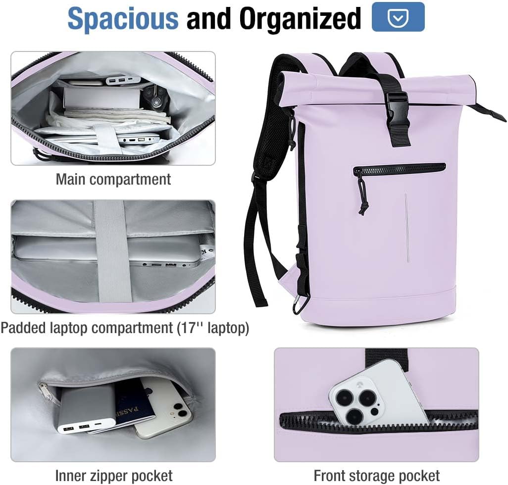 Rolltop Rucksack Wasserdicht für Damen & Herren, Grosser Laptop Rucksack mit Computerfach für 17 Zol