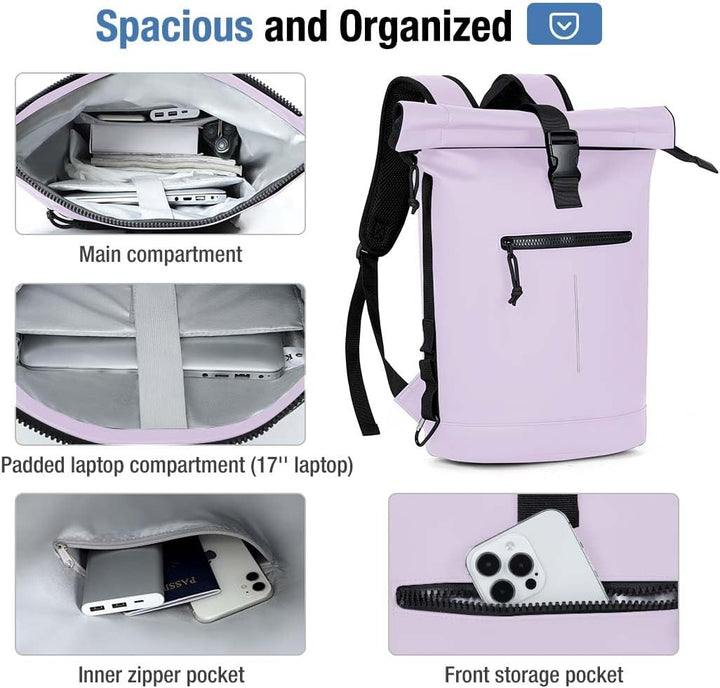 Rolltop Rucksack Wasserdicht für Damen & Herren, Grosser Laptop Rucksack mit Computerfach für 17 Zol