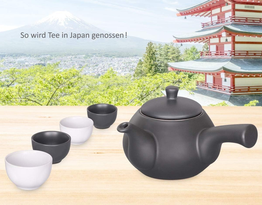 China-Trends Japanisches Teeset: Teekanne 500ml mit seitlichem Griff und 4 Teecups 70ml aus Keramik.