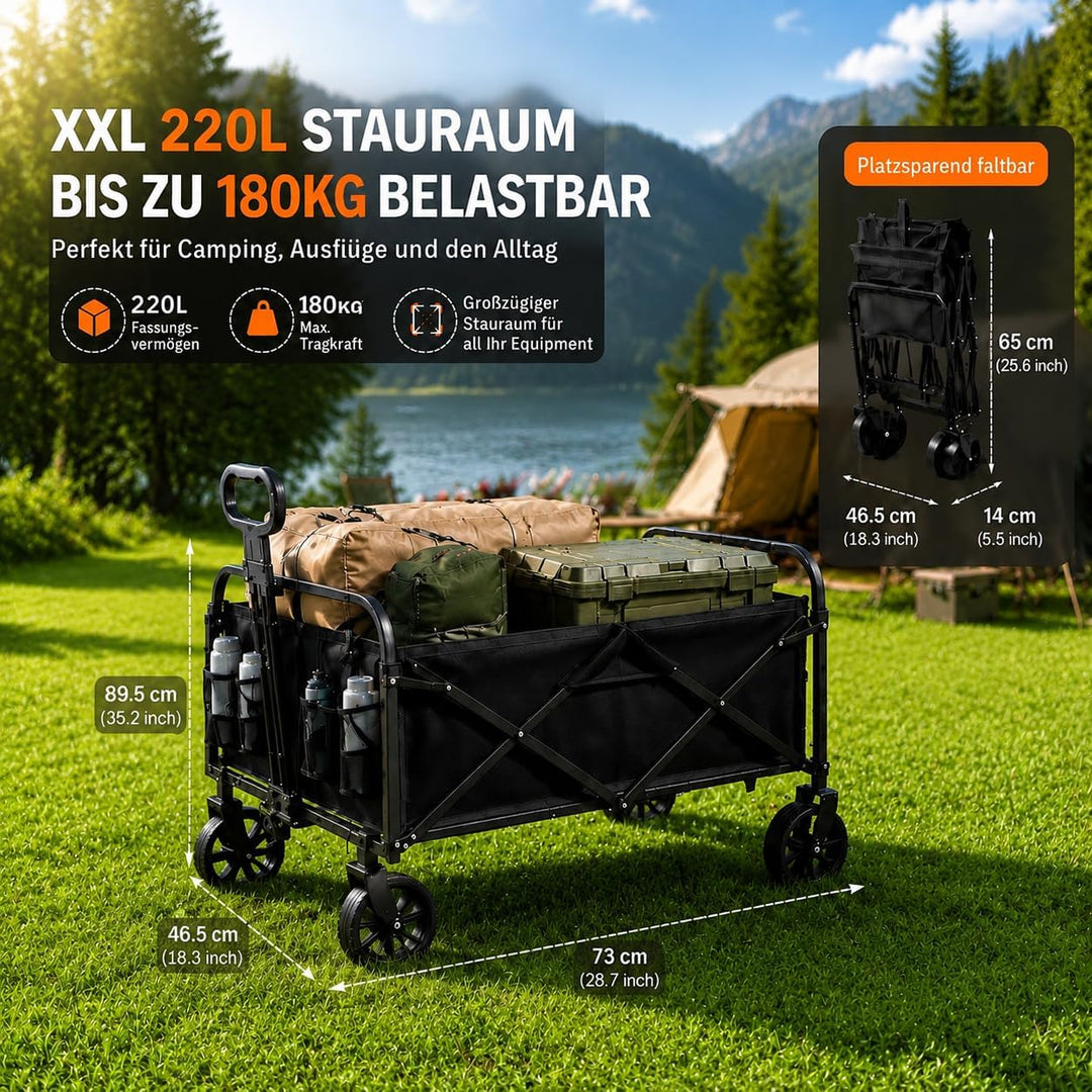 Zstar Bollerwagen Faltbar 220L mit 180 kg Tragkraft | 73 × 46,5 × 89,5 cm, 360° Räder, verstellbarer
