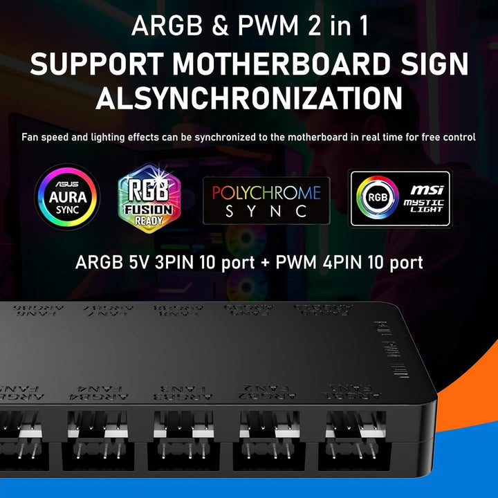 2-in-1 ARGB PWM Lüfter-Hub mit Controller, 10 x 4-Pin PWM Lüfter-Anschlüsse, 10 x 5V 3-Pin ARGB Port