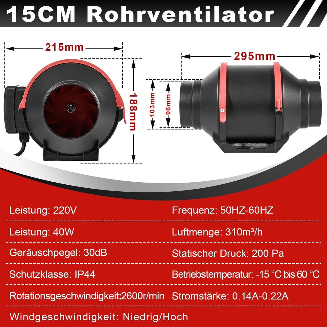150mm Rauchabzug Rohrventilator, 540m³/h Abluftventilator, Inline-Kanalventilator mit Fernsteuerung,