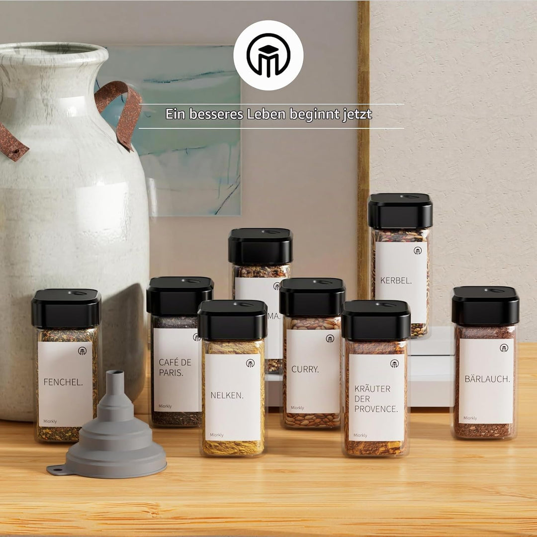 Miorkly 12 Gewürzgläser Eckig mit Drehdeckel,Gewürzstreuer Glas 120 ml - Gewürzdosen Set Starke Vers