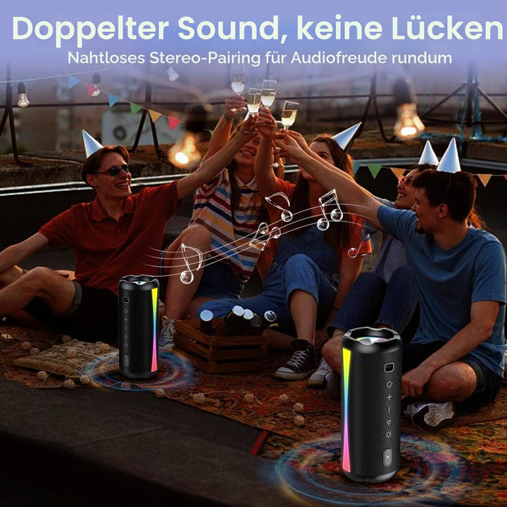 Bluetooth Lautsprecher, Musikbox Bluetooth 5.4 Lautsprecher, RGB Licht, TWS Paarung, IPX7 Wasserdich