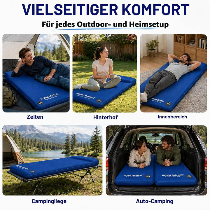 ROAM Savage Selbstaufblasende Camping-Isomatte, 7 cm Schlafmatte mit Kopfkissen, R-Wert 8,0 Isolieru