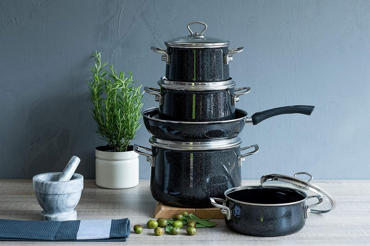 Riess 0558-009, Emailieset Black Magic, 5-teilig, bestehend aus: Fleischtopf mit GD Ø 16, 20, 24 cm,