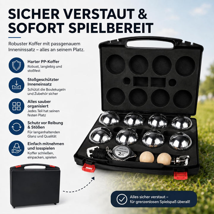 Boule Set, Boccia aus Metall mit Holzkugeln, Messseil, Rollbandmass, Magnet-Kugelsammler & Aufbewahr