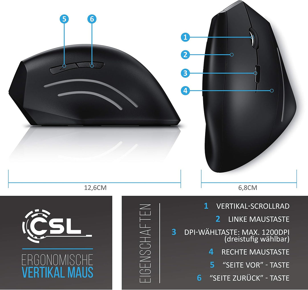 CSL - ergonomische Vertikal USB Maus kabellos 2,4 GHz Funk vertikale Ausführung - ergonomisches Desi