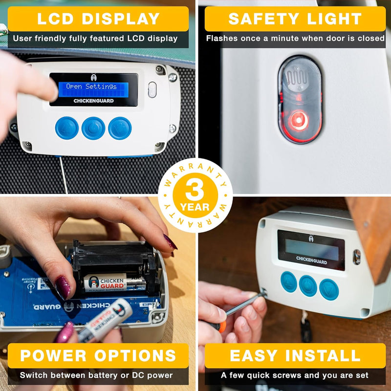 ChickenGuard Standard S5 Modell Automatischer Türöffner für Hühnerstall mit Timer. Batterie oder Gle