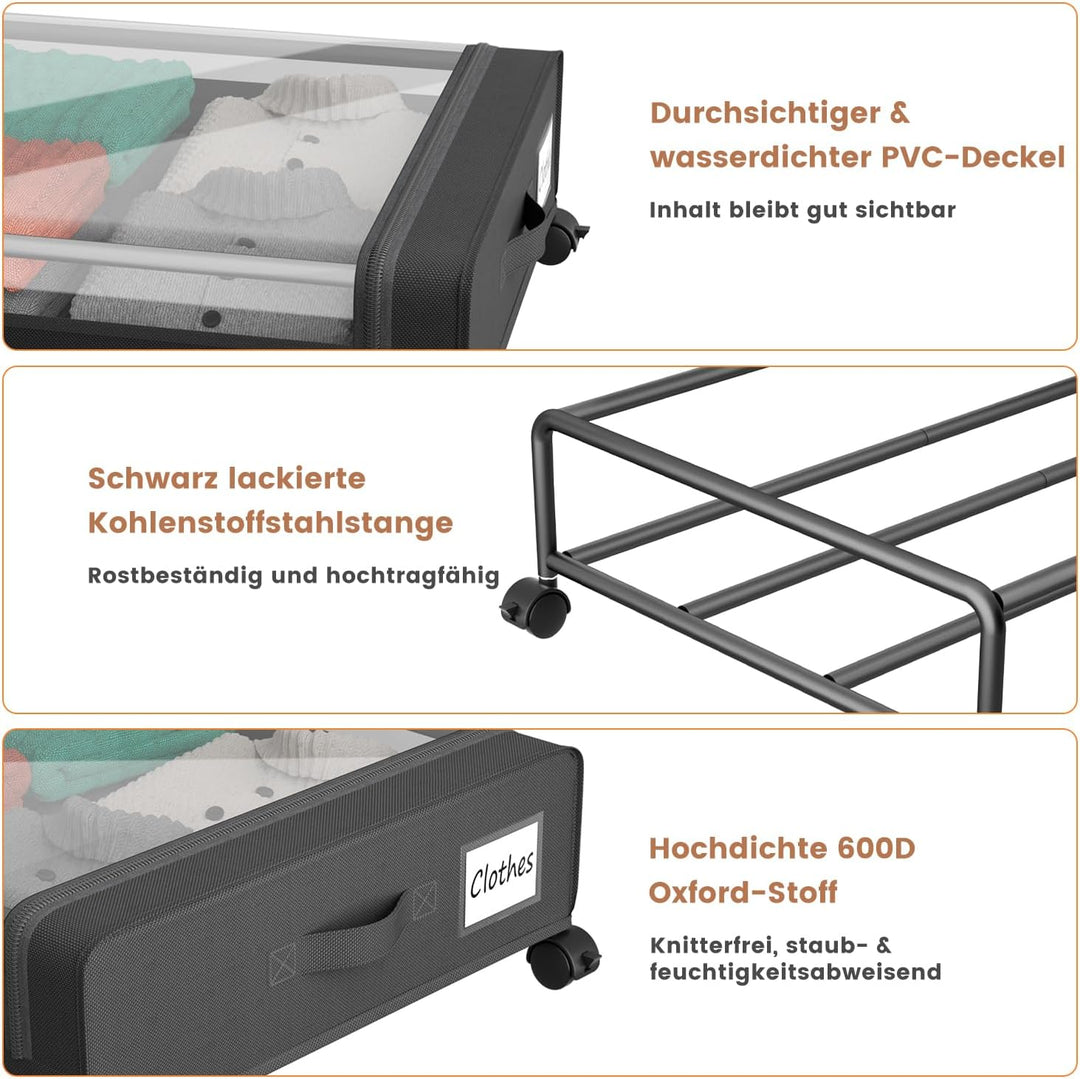 PHINOX Unterbett-Aufbewahrungsbehälter mit mit Rollen,2 Stück (74x42x16cm) -Schwarz Aufbewahrungsbox