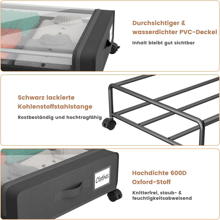 PHINOX Unterbett-Aufbewahrungsbehälter mit mit Rollen,2 Stück (74x42x16cm) -Schwarz Aufbewahrungsbox