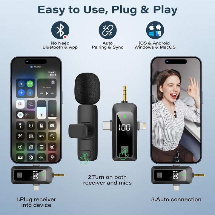HMKCH Wireless Lavalier Mikrofon für Android Handy, iPhone, Kamera, PC, 4-in-1 Kabelloses Ansteckmik
